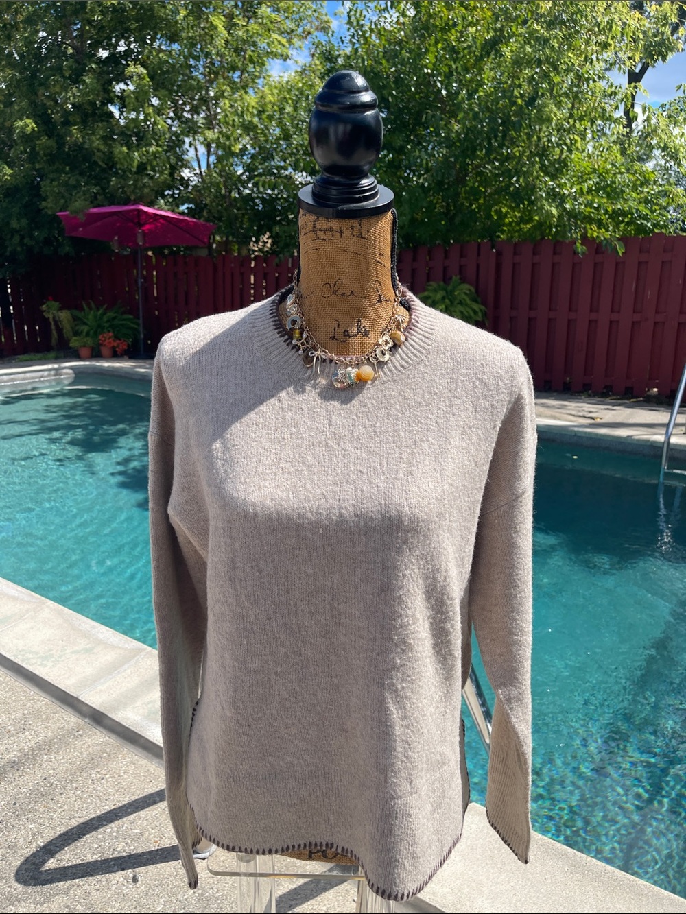 Beige and Brown Crewneck Women's Sweater - Neutral Knit Pullover